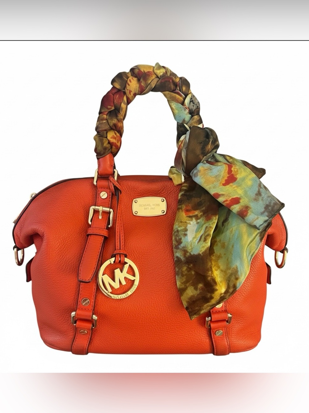 Michael Kors Orange Leather Satchel with Braided Scarf-Trim